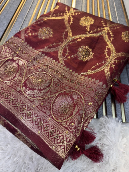 Banarasi Silk Saree With hand Cutdana Work and Latkans