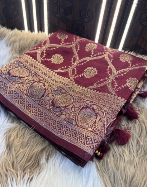 Banarasi Silk Saree With hand Cutdana Work and Latkans