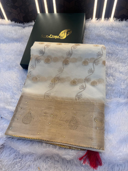 Organza Silk Saree with Swarovski Crystal Work and Latkans