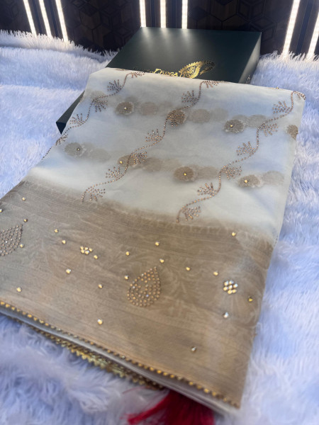 Organza Silk Saree with Swarovski Crystal Work and Latkans