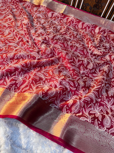 Organza Shimmer Chikankari Embroidery Saree