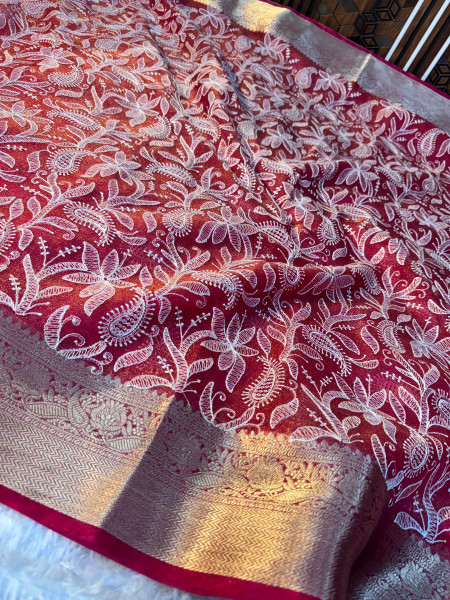 Organza Shimmer Chikankari Embroidery Saree
