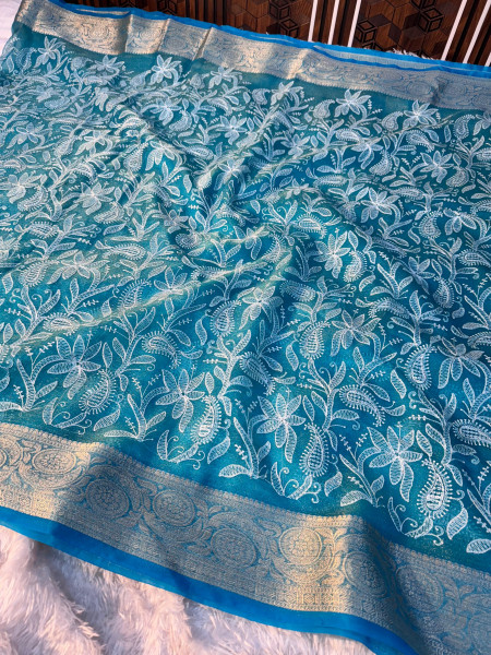 Organza Shimmer Chikankari Embroidery Saree