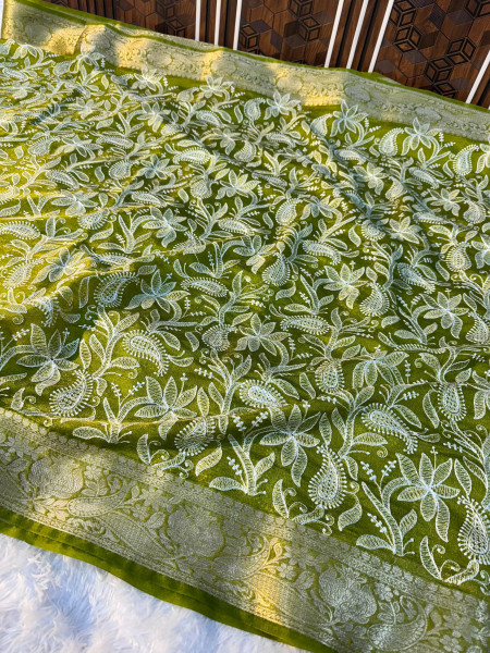 Organza Shimmer Chikankari Embroidery Saree
