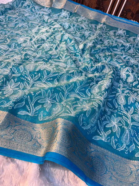 Organza Shimmer Chikankari Embroidery Saree