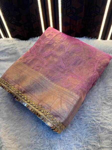 Banarasi Tissue Chikankari Embroidery Saree With Designer Sequence Lace
