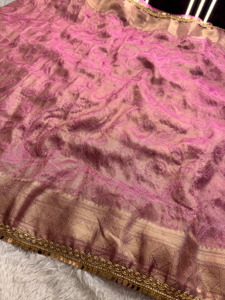 Banarasi Tissue Chikankari Embroidery Saree With Designer Sequence Lace