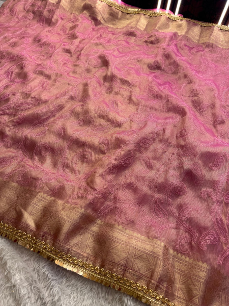 Banarasi Tissue Chikankari Embroidery Saree With Designer Sequence Lace