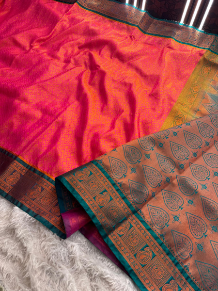 Banarasi Satin Silk Tanchoi Dual Tone Copper Zari Saree