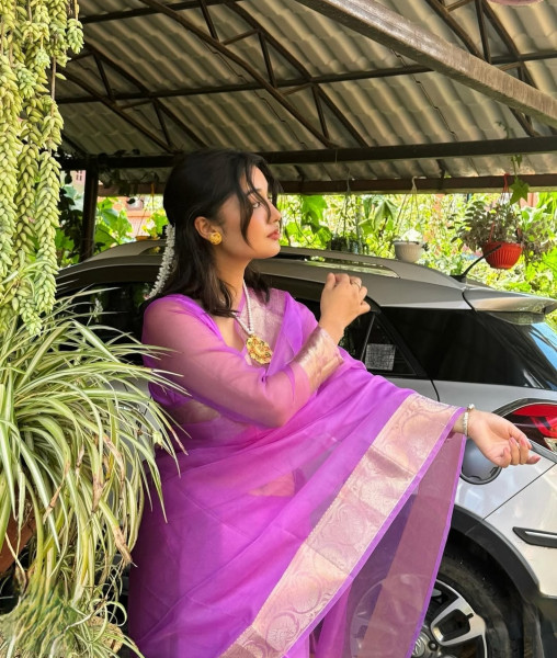 Organza Silk Party Wear Saree With Zari Border and Tassels