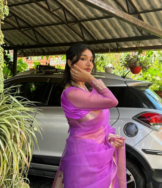 Organza Silk Party Wear Saree With Zari Border and Tassels