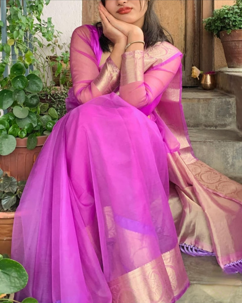 Organza Silk Party Wear Saree With Zari Border and Tassels