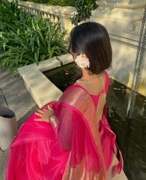 Organza Silk Party Wear Saree With Zari Border and Tassels