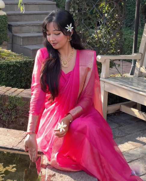 Organza Silk Party Wear Saree With Zari Border and Tassels