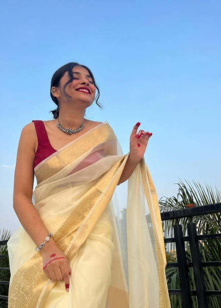 Organza Silk Party Wear Saree With Zari Border and Tassels