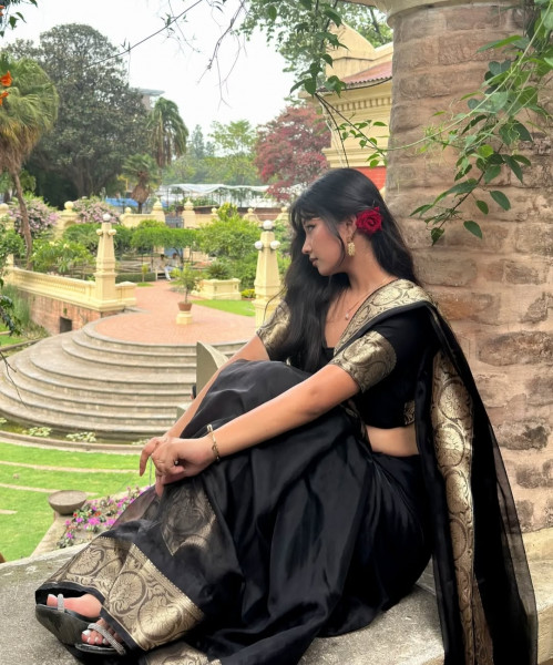 Organza Silk Party Wear Saree With Zari Border and Tassels