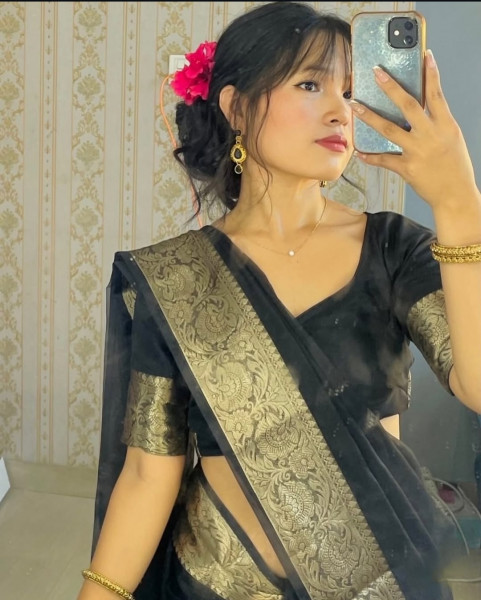 Organza Silk Party Wear Saree With Zari Border and Tassels