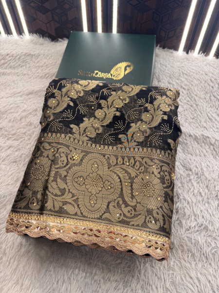 Organza Silk Swarovski Crystal Work Saree With Designer Lace