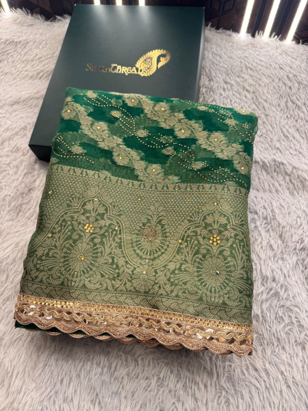 Organza Silk Swarovski Crystal Work Saree With Designer Lace