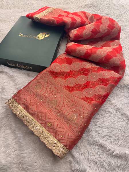 Organza Silk Swarovski Crystal Work Saree With Designer Lace
