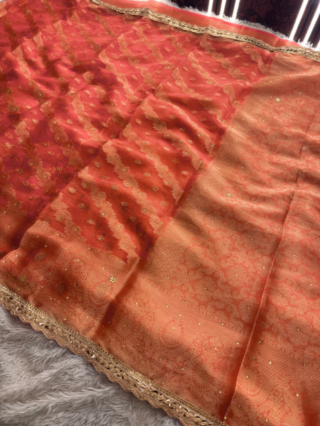 Organza Silk Swarovski Crystal Work Saree With Designer Lace