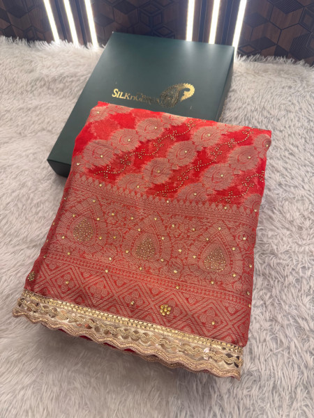 Organza Silk Swarovski Crystal Work Saree With Designer Lace