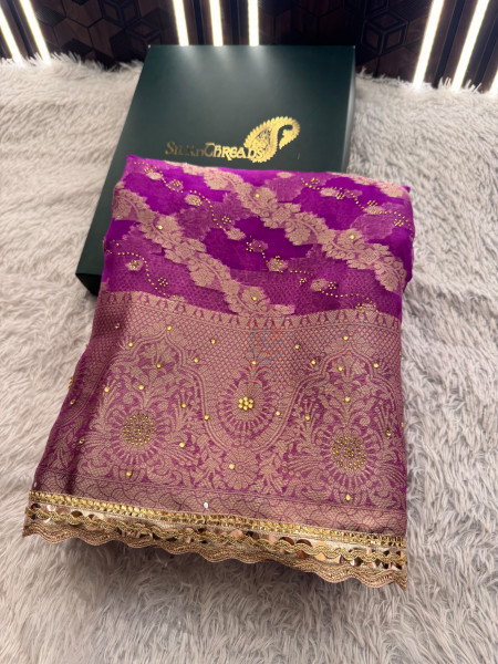 Organza Silk Swarovski Crystal Work Saree With Designer Lace