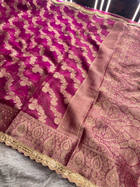 Organza Silk Swarovski Crystal Work Saree With Designer Lace