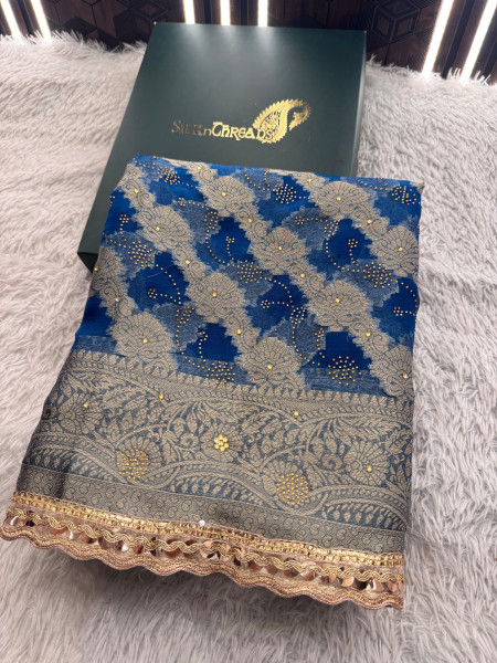 Organza Silk Swarovski Crystal Work Saree With Designer Lace