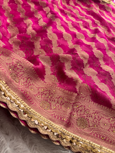 Organza Silk Swarovski Crystal Work Saree With Designer Lace