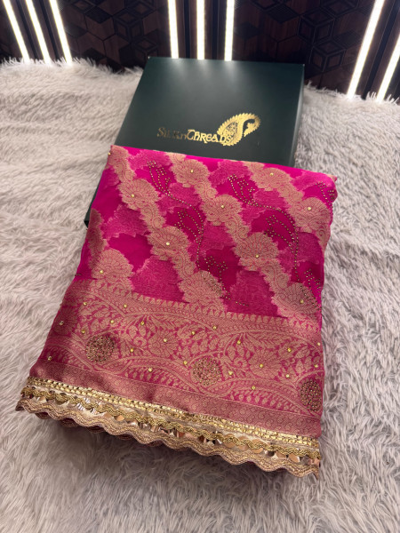Organza Silk Swarovski Crystal Work Saree With Designer Lace