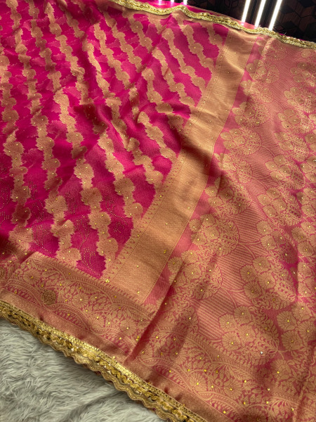 Organza Silk Swarovski Crystal Work Saree With Designer Lace
