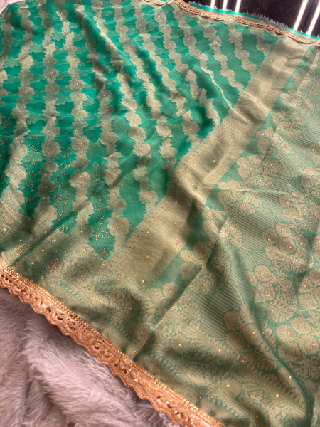 Organza Silk Swarovski Crystal Work Saree With Designer Lace