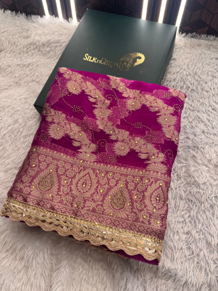 Organza Silk Swarovski Crystal Work Saree With Designer Lace
