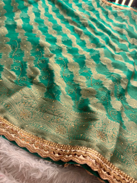 Organza Silk Swarovski Crystal Work Saree With Designer Lace
