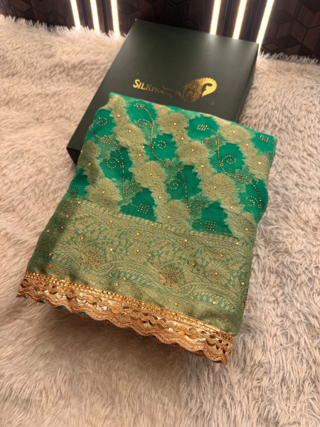 Organza Silk Swarovski Crystal Work Saree With Designer Lace