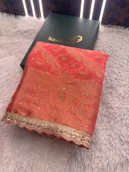 Organza Silk Swarovski Crystal Work Saree With Designer Lace
