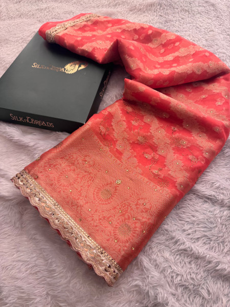 Organza Silk Swarovski Crystal Work Saree With Designer Lace