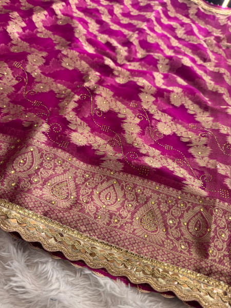 Organza Silk Swarovski Crystal Work Saree With Designer Lace