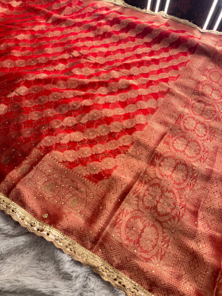 Organza Silk Swarovski Crystal Work Saree With Designer Lace
