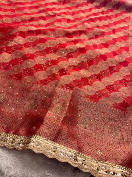 Organza Silk Swarovski Crystal Work Saree With Designer Lace
