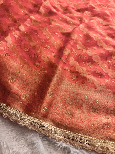 Organza Silk Swarovski Crystal Work Saree With Designer Lace