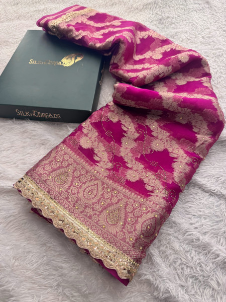 Organza Silk Swarovski Crystal Work Saree With Designer Lace