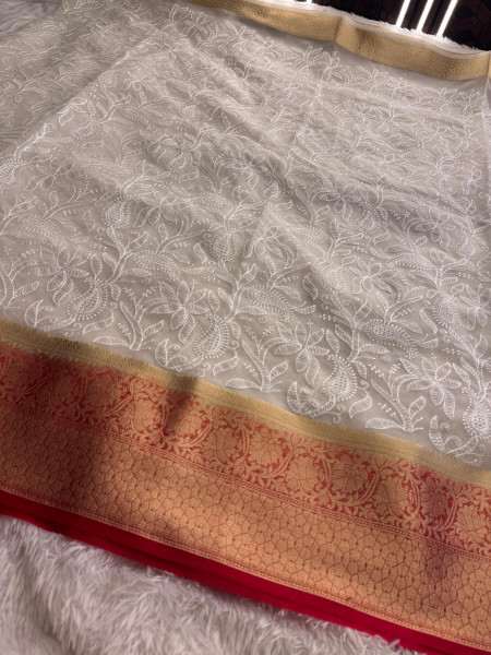 Organza Silk Chikankari Embroidery  Saree