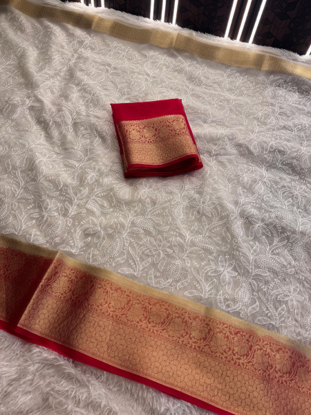 Organza Silk Chikankari Embroidery  Saree