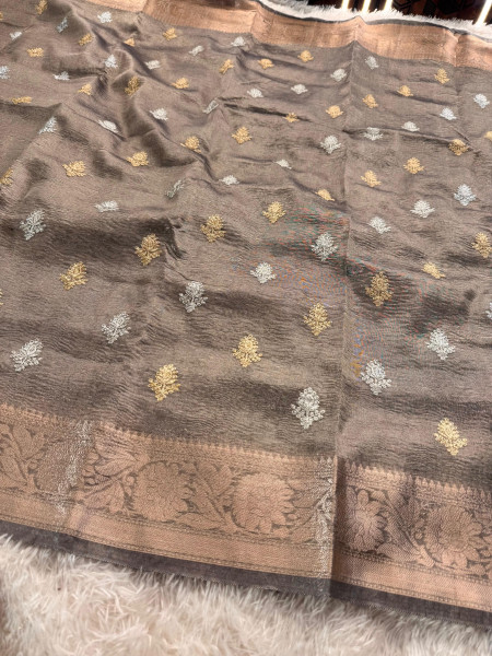 Banarasi Tissue Silk Zari Embroidery Work Saree With Hand Crush