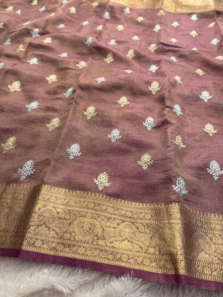 Banarasi Tissue Silk Zari Embroidery Work Saree With Hand Crush