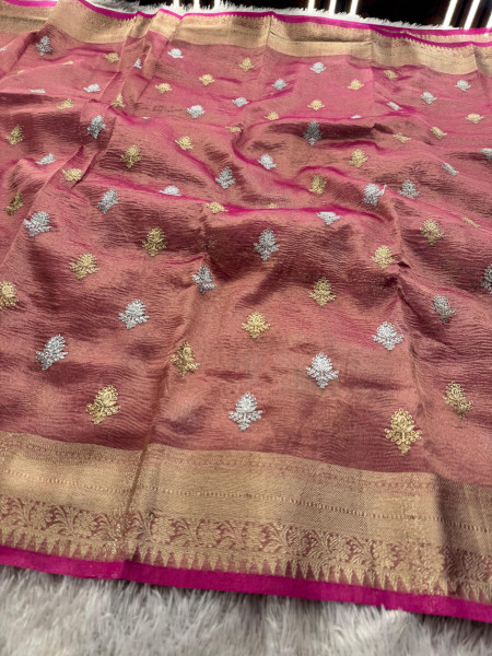 Banarasi Tissue Silk Zari Embroidery Work Saree With Hand Crush