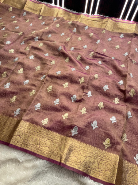 Banarasi Tissue Silk Zari Embroidery Work Saree With Hand Crush