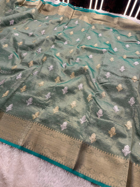Banarasi Tissue Silk Zari Embroidery Work Saree With Hand Crush